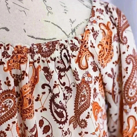 Stella Tweed XL paisly print brown/orange/tan tie front pullover shirt - Picture 11 of 14